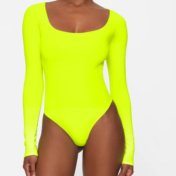 SKIMS Tops - NWT Skims Long Sleeve Scoop Neck Bodysuit Neon Highlighter